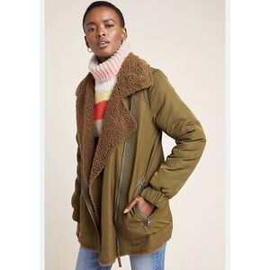 Anthropologie Sherpa Lined Jacket Sz XS Joni Oversized Aviator Olive Moto Parka